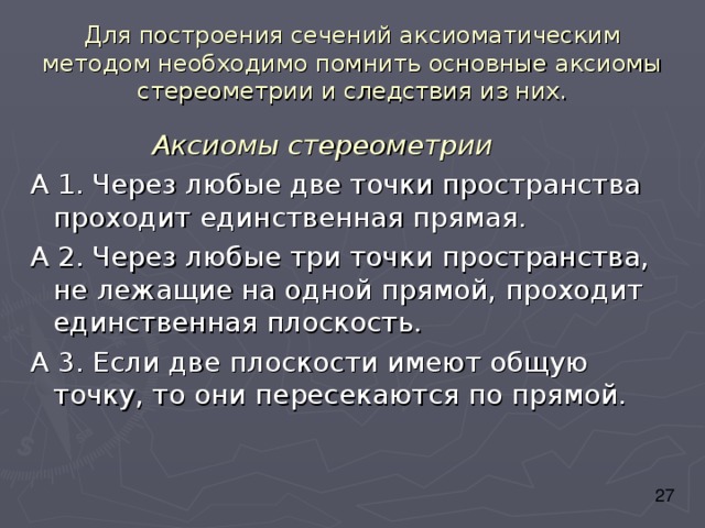 Для построения сечений аксиоматическим методом необходимо помнить основные аксиомы стереометрии и следствия из них. Аксиомы стереометрии 