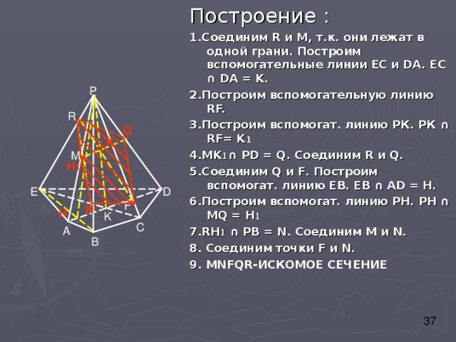 Построение : 1.Соединим R и M , т.к. они лежат в одной грани. Построим вспомогательные линии ЕС и DA . ЕС  ∩  DA = K. 2. Построим вспомогательную линию RF. 3. Построим вспомогат. линию РК. РК ∩  RF= K 1 4.MK 1 ∩ PD = Q. Соединим R и Q . 5.Соединим Q и F . Построим вспомогат. линию ЕВ. ЕВ ∩ А D = H . 6.Построим вспомогат. линию РН.  РН ∩ М Q = H 1 7.RH 1  ∩ PB = N. Соединим М и N . 8. Соединим точки F и N . 9. MNFQR- ИСКОМОЕ СЕЧЕНИЕ  P  . R  . Q  .  K 1 M H 1  . E D F N H K C A B 