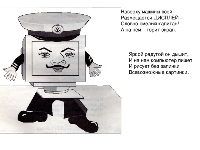 Наверху машины всей Размещается ДИСПЛЕЙ – Словно смелый капитан! А на нем – горит экран. Яркой радугой он дышит, И на нем компьютер пишет И рисует без запинки Всевозможные картинки. 