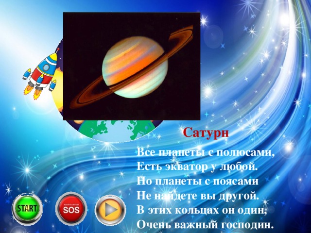 Сатурн Все планеты с полюсами,  Есть экватор у любой.  Но планеты с поясами  Не найдете вы другой.  В этих кольцах он один,  Очень важный господин.