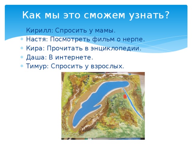 Как мы это сможем узнать?   Кирилл: Спросить у мамы. Настя: Посмотреть фильм о нерпе. Кира: Прочитать в энциклопедии. Даша: В интернете. Тимур: Спросить у взрослых. 