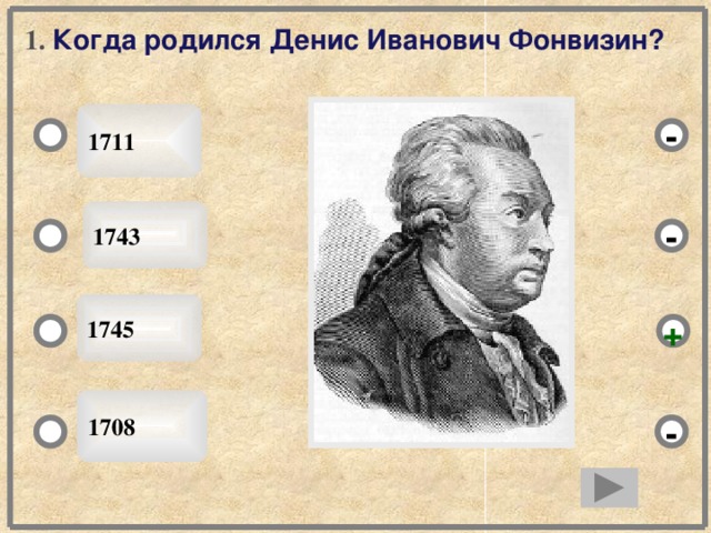 1. Когда родился Денис Иванович Фонвизин? 1711 - 1743 - 1745 + 1708 -