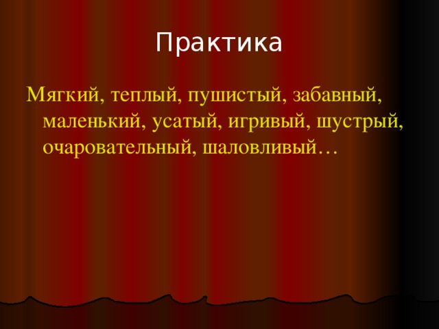 Практика Мягкий, теплый, пушистый, забавный, маленький, усатый, игривый, шустрый, очаровательный, шаловливый… 