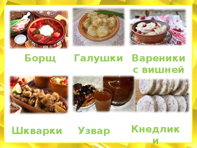 Борщ Галушки Вареники с вишней Кнедлики Шкварки Узвар 