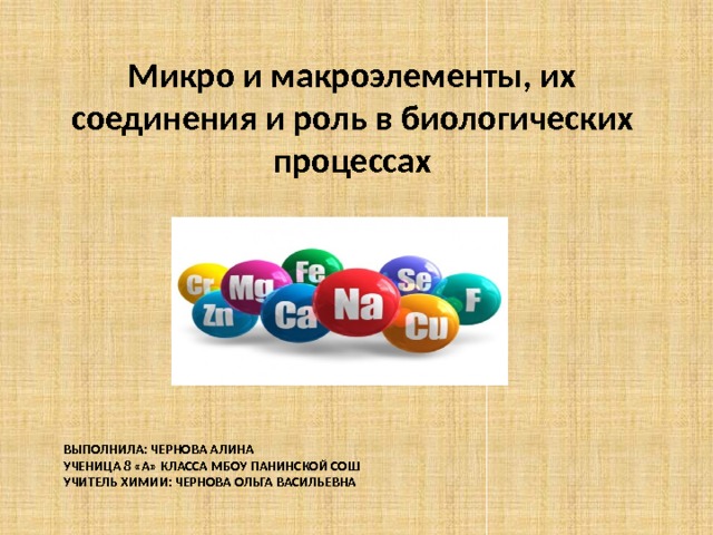 Микро и макроэлементы, их соединения и роль в биологических процессах ВыПолнила: Чернова Алина  Ученица 8 «А» класса МбОУ Панинской СОШ  Учитель химии: Чернова Ольга Васильевна   