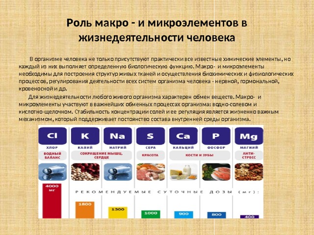 Роль макро - и микроэлементов в жизнедеятельности человека  В организме человека не только присутствуют практически все известные химические элементы, но каждый из них выполняет определенную биологическую функцию. Макро- и микроэлементы необходимы для построения структур живых тканей и осуществления биохимических и физиологических процессов, регулирования деятельности всех систем организма человека - нервной, гормональной, кровеносной и др.  Для жизнедеятельности любого живого организма характерен обмен веществ. Макро- и микроэлементы участвуют в важнейших обменных процессах организма: водно-солевом и кислотно-щелочном. Стабильность концентрации солей и ее регуляция является жизненно важным механизмом, который поддерживает постоянство состава внутренней среды организма. 