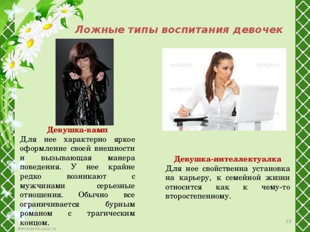 Ложные типы воспитания девочек Девушка-вамп Для нее характерно яркое оформление своей внешности и вызывающая манера поведения. У нее крайне редко возникают с мужчинами серьезные отношения. Обычно все ограничивается бурным романом с трагическим концом. Девушка-интеллектуалка Для нее свойственна установка на карьеру, к семейной жизни относится как к чему-то второстепенному. 12 