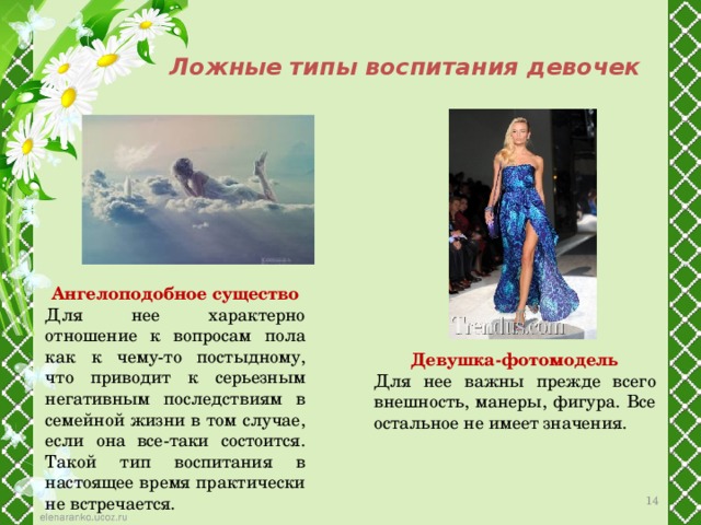 Ложные типы воспитания девочек Ангелоподобное существо Для нее характерно отношение к вопросам пола как к чему-то постыдному, что приводит к серьезным негативным последствиям в семейной жизни в том случае, если она все-таки состоится. Такой тип воспитания в настоящее время практически не встречается. Девушка-фотомодель Для нее важны прежде всего внешность, манеры, фигура. Все остальное не имеет значения. 12 