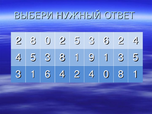ВЫБЕРИ НУЖНЫЙ ОТВЕТ 2 8 4 0 3 5 2 1 3 5 6 8 3 4 1 2 9 6 2 4 1 3 4 0 8 5 1 