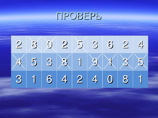 ПРОВЕРЬ 2 8 4 3 0 5 2 1 3 8 6 5 4 3 1 9 6 2 2 4 1 3 4 0 8 5 1 