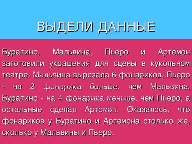 ВЫДЕЛИ ДАННЫЕ Буратино, Мальвина, Пьеро и Артемон заготовили украшения для сцены в кукольном театре. Мальвина вырезала 6 фонариков, Пьеро - на 2 фонарика больше, чем Мальвина, Буратино - на 4 фонарика меньше, чем Пьеро, а остальные сделал Артемон. Оказалось, что фонариков у Буратино и Артемона столько же, сколько у Мальвины и Пьеро. 