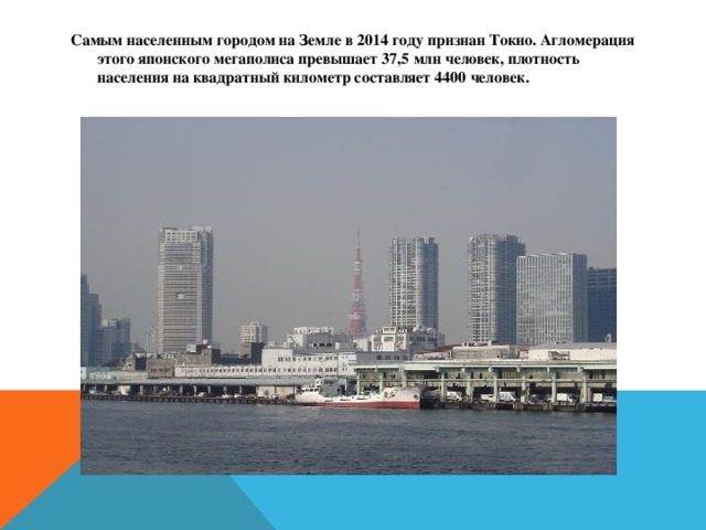 Самым населенным городом на Земле в 2014 году признан Токио. Агломерация этого японского мегаполиса превышает 37,5 млн человек, плотность населения на квадратный километр составляет 4400 человек. 