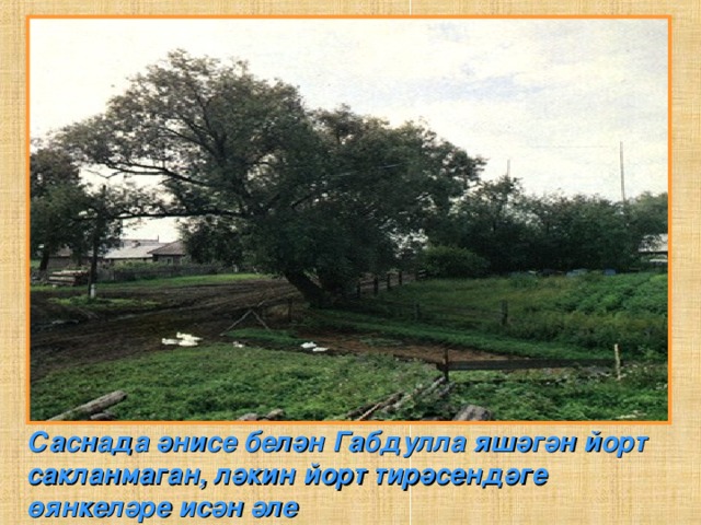 Саснада әнисе белән Габдулла яшәгән йорт сакланмаган, ләкин йорт тирәсендәге өянкеләре исән әле  