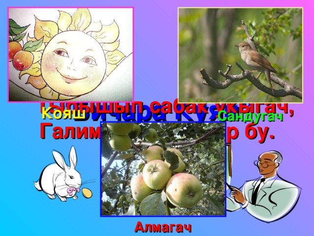  Тырышып сабак укыгач,  Галим булып китәр бу.  “ Бичара Куян”  Кояш  Сандугач Алмагач 