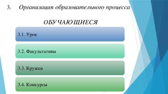 3.       Организация образовательного процесса  ОБУЧАЮЩИЕСЯ 3.1. Урок 3.2. Факультативы 3.3. Кружки 3.4. Конкурсы 