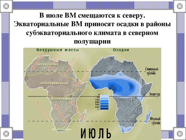 В июле ВМ смещаются к северу. Экваториальные ВМ приносят осадки в районы субэкваториального климата в северном полушарии 