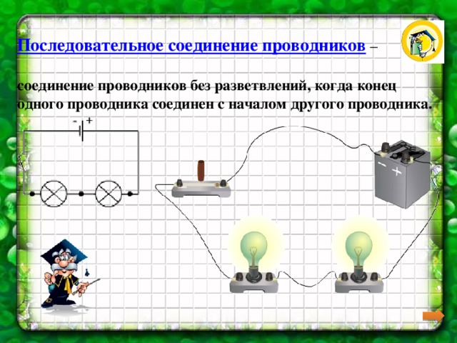 Последовательное соединение проводников  –  соединение проводников без разветвлений, когда конец одного проводника соединен с началом другого проводника. 
