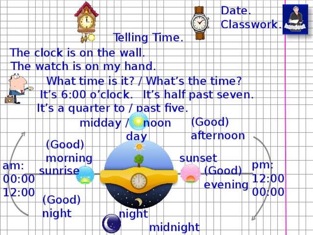 Let’s play the dice game. What’s the time? What time is it? It’s … o’clock. Кубики можно изготовить – схема в дополнениях. В настольную игру можно поиграть по цепочке. Другие виды кубиков и игр можно найти в интернете. And now it’s time for the board-game.  