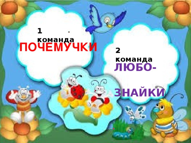 1 команда ПОЧЕМУЧКИ 2 команда ЛЮБО-  ЗНАЙКИ 