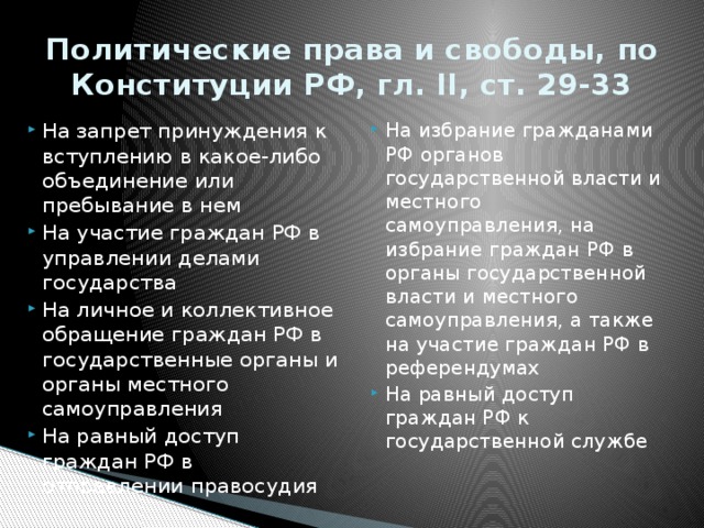 Политические права и свободы, по Конституции РФ, гл. II, ст. 29-33 На запрет принуждения к вступлению в какое-либо объединение или пребывание в нем На участие граждан РФ в управлении делами государства На личное и коллективное обращение граждан РФ в государственные органы и органы местного самоуправления На равный доступ граждан РФ в отправлении правосудия На избрание гражданами РФ органов государственной власти и местного самоуправления, на избрание граждан РФ в органы государственной власти и местного самоуправления, а также на участие граждан РФ в референдумах На равный доступ граждан РФ к государственной службе 