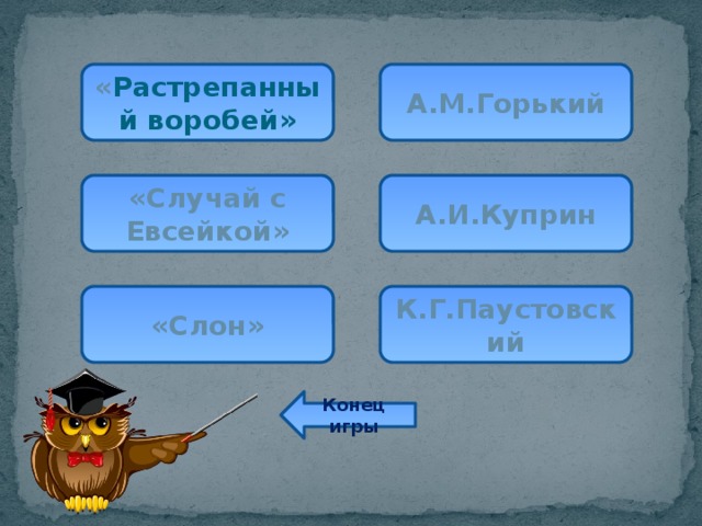 « Растрепанный воробей» А.М.Горький «Случай с Евсейкой» А.И.Куприн «Слон» К.Г.Паустовский Конец игры