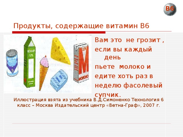 В6 Продукты, содержащие витамин В6 Вам это не грозит , если вы каждый день пьете молоко и едите хоть раз в неделю фасолевый супчик. Иллюстрация взята из учебника В.Д.Симоненко Технология 6 класс – Москва Издательский центр «Ветна-Граф», 2007 г. 
