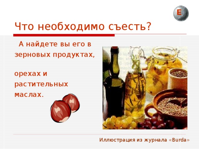 Е Что необходимо съесть?  А найдете вы его в зерновых продуктах, орехах и растительных маслах. Иллюстрация из журнала « Burda » 