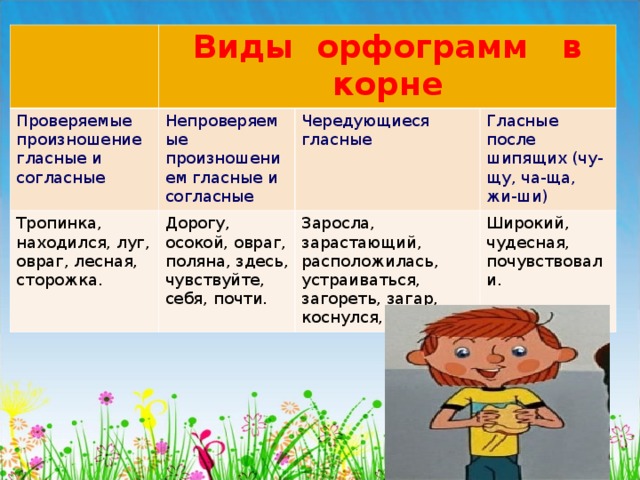 Виды орфограмм в корне Проверяемые произношение гласные и согласные Непроверяемые произношением гласные и согласные Тропинка, находился, луг, овраг, лесная, сторожка. Дорогу, осокой, овраг, поляна, здесь, чувствуйте, себя, почти. Чередующиеся гласные Гласные после шипящих (чу-щу, ча-ща, жи-ши) Заросла, зарастающий, расположилась, устраиваться, загореть, загар, коснулся, касался Широкий, чудесная, почувствовали. 