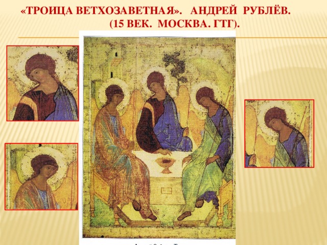 «троица ветхозаветная». Андрей рублёв. (15 век. Москва. Гтг). 