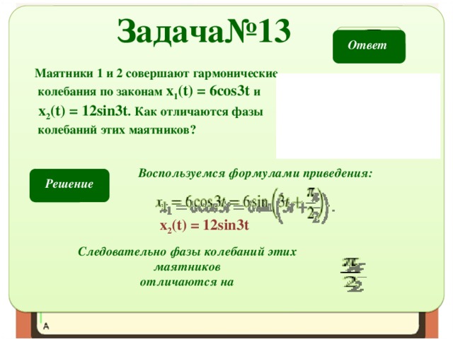 Задача№13 Ответ Маятники 1 и 2 совершают гармонические колебания по законам x 1 (t) = 6cos3t и x 2 (t) = 12sin3t . Как отличаются фазы колебаний этих маятников? Воспользуемся формулами приведения: Решение x 2 (t) = 12sin3t Следовательно фазы колебаний этих маятников отличаются на