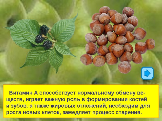  Витамин А способствует нормальному обмену ве- ществ, играет важную роль в формировании костей и зубов, а также жировых отложений, необходим для роста новых клеток, замедляет процесс старения. 