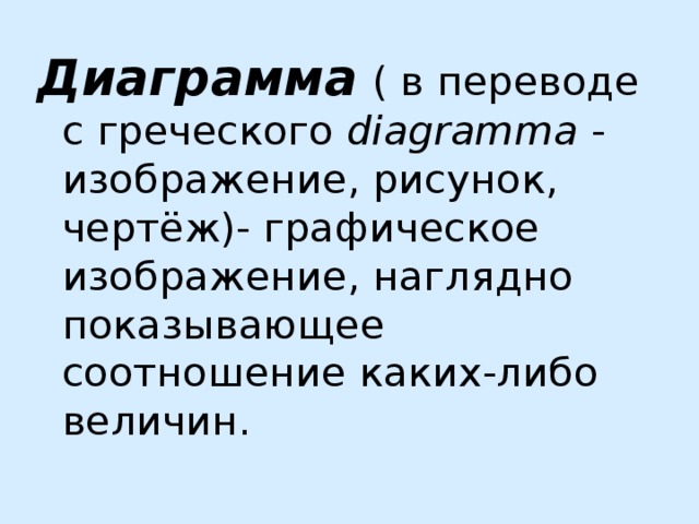 Диаграмма  ( в переводе с греческого diagramma  - изображение, рисунок, чертёж)- графическое изображение, наглядно показывающее соотношение каких-либо величин. 
