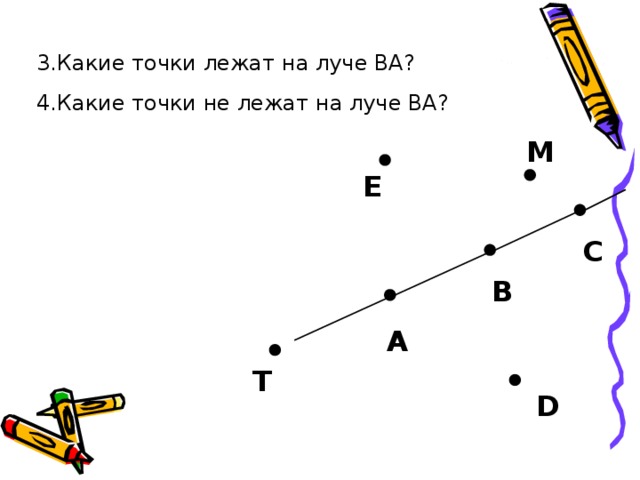 3.Какие точки лежат на луче ВА? 4.Какие точки не лежат на луче ВА? M E С В А T D