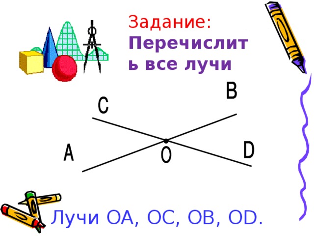 Задание: Перечислить все лучи Лучи ОА, OC, OB , OD .