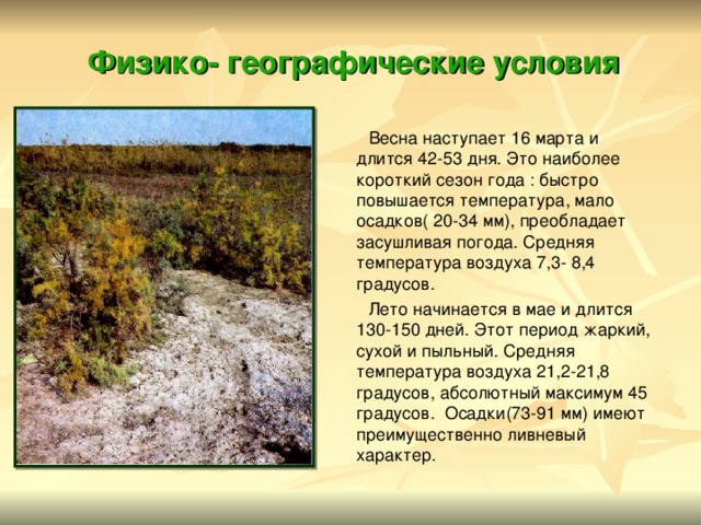 Физико- географические условия  Весна наступает 16 марта и длится 42-53 дня. Это наиболее короткий сезон года : быстро повышается температура, мало осадков( 20-34 мм), преобладает засушливая погода. Средняя температура воздуха 7,3- 8,4 градусов.  Лето начинается в мае и длится 130-150 дней. Этот период жаркий, сухой и пыльный. Средняя температура воздуха 21,2-21,8 градусов, абсолютный максимум 45 градусов. Осадки(73-91 мм) имеют преимущественно ливневый характер. 