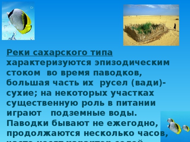 Реки сахарского типа характеризуются эпизодическим стоком во время паводков, большая часть их русел (вади)-сухие; на некоторых участках существенную роль в питании играют подземные воды. Паводки бывают не ежегодно, продолжаются несколько часов, часто носят характер селей. 