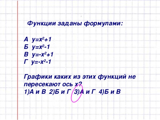 Функции заданы формулами: А у=х 2 +1  Б у=х 2 -1  В у=-х 2 +1  Г у=-х 2 -1   Графики каких из этих функций не пересекают ось х?  1)А и В 2)Б и Г 3)А и Г 4)Б и В