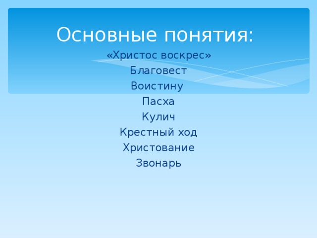 Основные понятия: «Христос воскрес» Благовест Воистину Пасха Кулич Крестный ход Христование Звонарь 