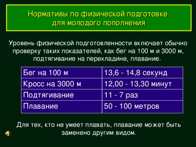 Нормативы по физической подготовке для молодого пополнения Уровень физической подготовленности включает обычно проверку таких показателей, как бег на 100 м и 3000 м, подтягивание на перекладине, плавание. Бег на 100 м Кросс на 3000 м 13,6 - 14,8 секунд Подтягивание 12,00 - 13,30 минут 11 - 7 раз Плавание 50 - 100 метров Для тех, кто не умеет плавать, плавание может быть заменено другим видом. 