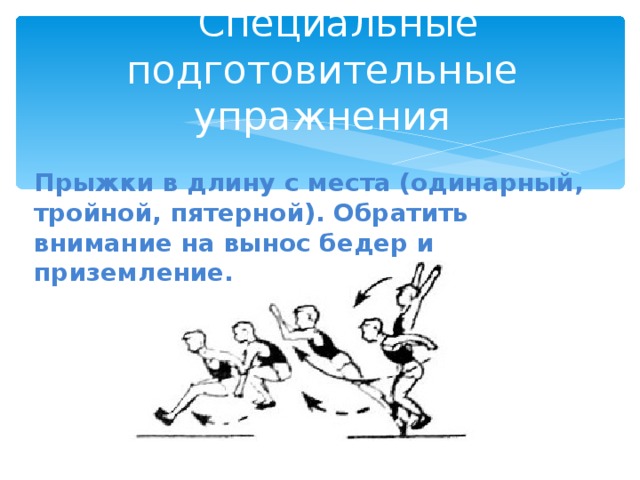  Специальные подготовительные упражнения Прыжки в длину с места (одинарный, тройной, пятерной). Обратить внимание на вынос бедер и приземление.  