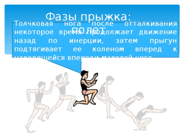 Фазы прыжка: полет Толчковая нога после отталкивания некоторое время продолжает движение назад по инерции, затем прыгун подтягивает ее коленом вперед к находящейся впереди маховой ноге. 