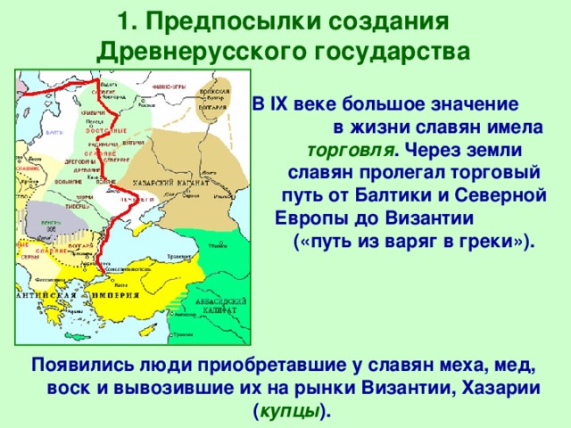 1. Предпосылки создания Древнерусского государства В IX веке большое значение в жизни славян имела торговля . Через земли славян пролегал торговый путь от Балтики и Северной Европы до Византии («путь из варяг в греки»). Появились люди приобретавшие у славян меха, мед, воск и вывозившие их на рынки Византии, Хазарии ( купцы ).  