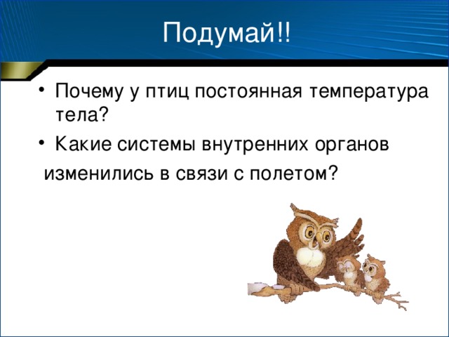 Подумай!! Почему у птиц постоянная температура тела? Какие системы внутренних органов  изменились в связи с полетом? 