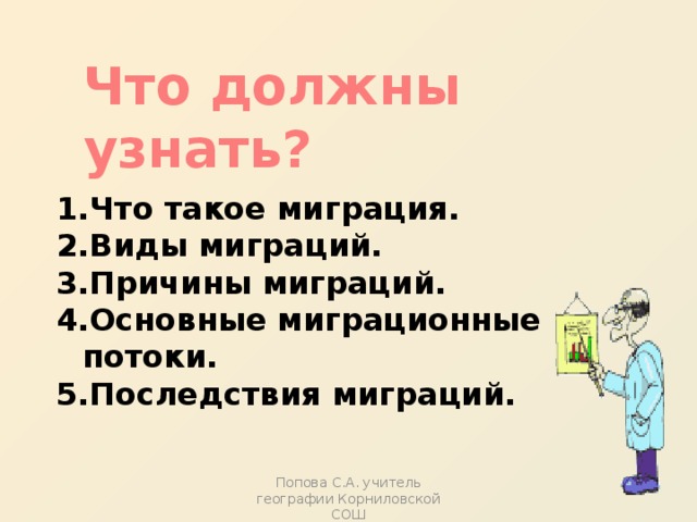 Что должны узнать? Что такое миграция. Виды миграций. Причины миграций. Основные миграционные потоки. Последствия миграций. Попова С.А. учитель географии Корниловской СОШ 
