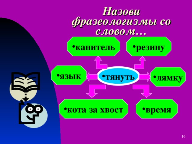 Назови фразеологизмы со словом… резину канитель язык тянуть лямку время кота за хвост   