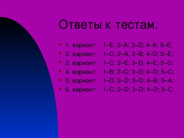 Ответы к тестам. 1. вариант 1–E; 2–A; 3–D; 4–A; 5–E; 2. вариант 1– C ; 2– A ; 3– B ; 4– D ; 5– E ; 3. вариант 1– C ; 2– E ; 3– D ; 4– E ; 5– D ; 4. вариант 1– B ; 2– C ; 3– D ; 4– D ; 5– C ; 5. вариант 1– D ; 2– D ; 3– D ; 4– B ; 5– A ; 6. вариант 1– C ; 2– D ; 3– D ; 4– D ; 5– C . 