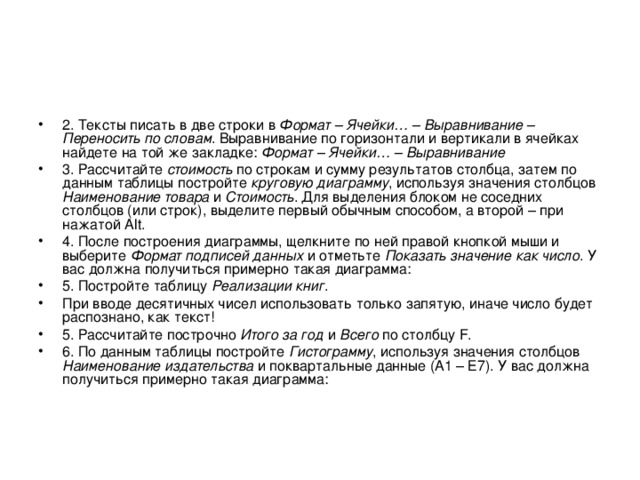 2. Тексты писать в две строки в Формат – Ячейки… – Выравнивание – Переносить по словам . Выравнивание по горизонтали и вертикали в ячейках найдете на той же закладке: Формат – Ячейки… – Выравнивание  3. Рассчитайте стоимость по строкам и сумму результатов столбца, затем по данным таблицы постройте круговую диаграмму , используя значения столбцов Наименование товара и Стоимость . Для выделения блоком не соседних столбцов (или строк), выделите первый обычным способом, а второй – при нажатой Alt . 4. После построения диаграммы, щелкните по ней правой кнопкой мыши и выберите Формат подписей данных и отметьте Показать значение как число . У вас должна получиться примерно такая диаграмма: 5 . Постройте таблицу Реализации книг . При вводе десятичных чисел использовать только запятую, иначе число будет распознано, как текст! 5. Рассчитайте построчно Итого за год и Всего по столбцу F . 6. По данным таблицы постройте Гистограмму , используя значения столбцов Наименование издательства и поквартальные данные (А1 – Е7). У вас должна получиться примерно такая диаграмма:  