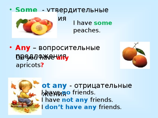 Some - утвердительные предложения Any – вопросительные предложения No = not any - отрицательные предложения I have some peaches. Do you have any apricots ? I have no friends. I have not any friends. I don’t have any friends. 