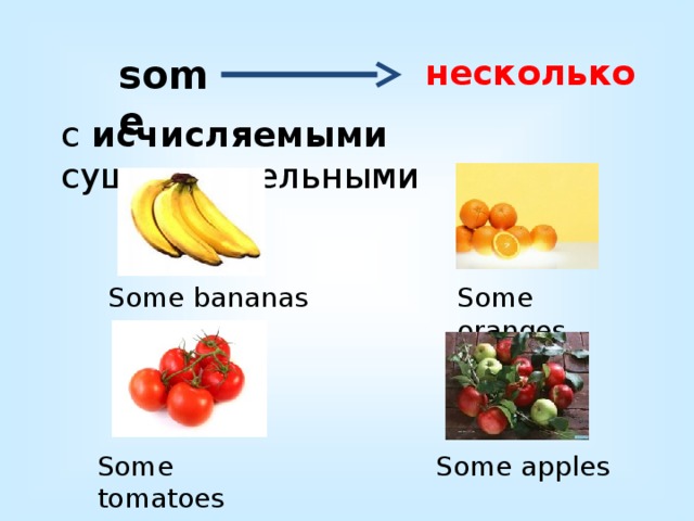 несколько some с исчисляемыми существительными Some bananas Some oranges Some tomatoes Some apples 
