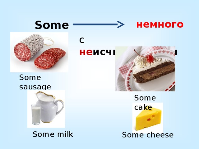 немного Some с не исчисляемыми Some sausage Some cake Some milk Some cheese 